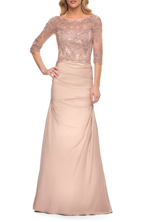 ラフェム レディース トップス ワンピース サテン レース La Femme Satin and Lace Off the Shoulder Mermaid Gown Champagne シャンパン