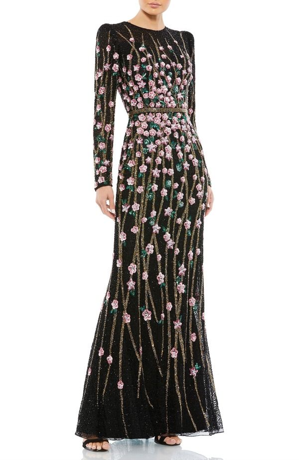 マックダガル レディース トップス ワンピース ハイネック フラワー柄 メッシュ シアー フラワー Mac Duggal Floral Embellished Mesh Gown withigh Neck Sheer Long Sleeves Black Mu