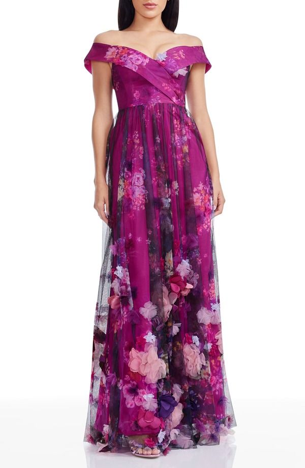 ドレスザポプレーション レディース トップス ワンピース フラワー柄 プリント フラワー Dress the Population Aurea Floral Print Off the Shoulder Gown Dark Magenta Multi マゼンタ