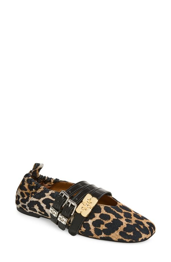 ガニー レディース シューズ パンプス Ganni Mary Jane Ballerina Flat Almond Milk Leopard Print アニマル