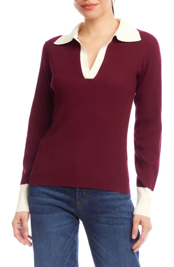 カレンケーン レディース アウター パーカー・スウェット ポロシャツ セーター コントラスト Karen Kane Contrast Rib Polo Sweater Wine Cream クリーム