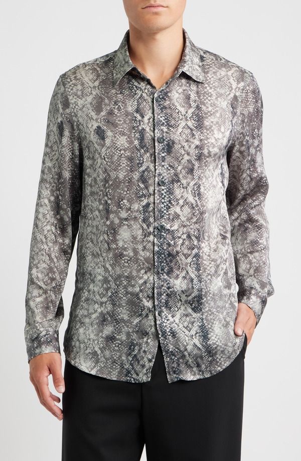 オープンエディット メンズ トップス シャツ プリント サテン Open Edit Snakeskin Print Satin ButtonUp Shirt Black Grey Slither Stripe ブラック