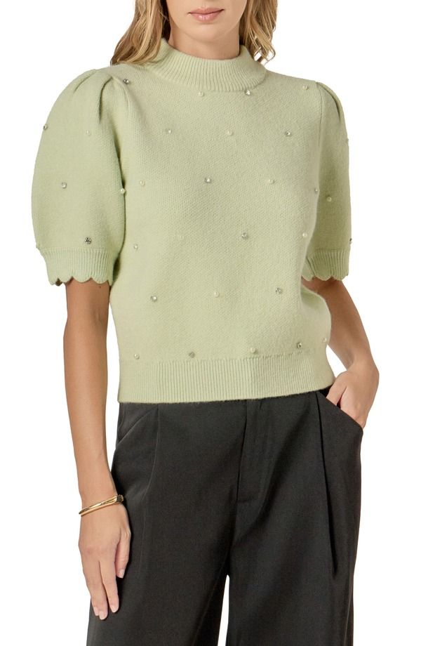 イングリッシュファクトリー レディース アウター パーカー・スウェット セーター English Factory Embellished Short Sleeve Sweater Sage セージ