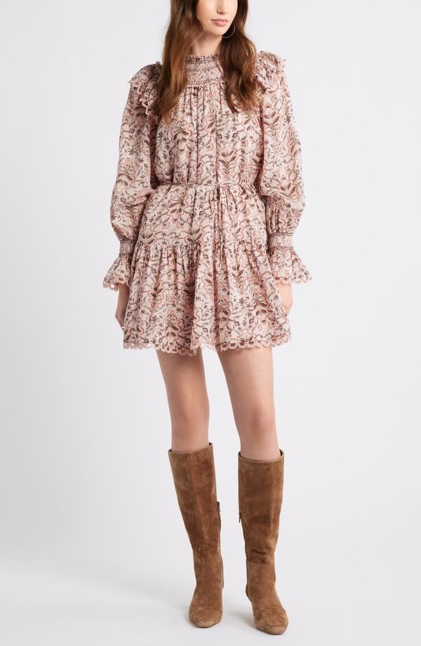 トレジャーアンドボンズ レディース トップス ワンピース ミニ シャーリング レース Treasure Bond Smocked Lace Long Sleeve Minidress Pink Lotus Willow Floral ピンク