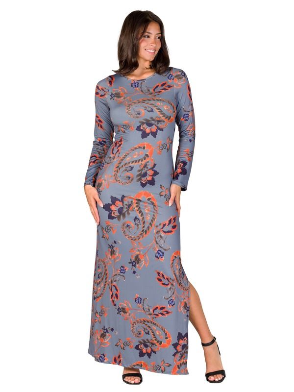 24 セブンコンフォート レディース トップス ワンピース サイドスリット マキシ 24seven Comfort Apparelong Sleeve Side Slit Fitted Maxi Dress Gray Multi グレー