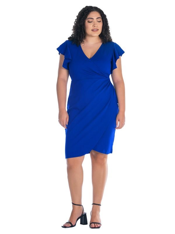 24 セブンコンフォート レディース トップス ワンピース Vネック ひざ丈 フリル 24seven Comfort Apparel VNeck Ruffle Sleeve Knee Length Dress Royal