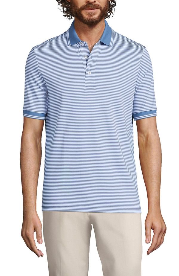 ランズエンド メンズ トップス ポロシャツ コットン Lands End Short Sleeve Cotton Supima Polo Shirt Muted BlueWhite Stripe ホワイト