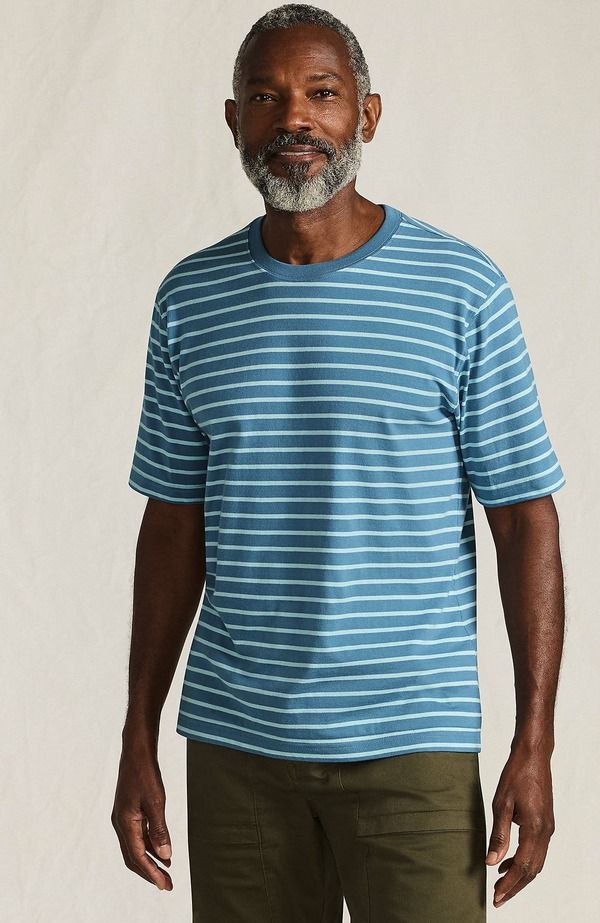 ランズエンド メンズ トップス Tシャツ Lands End SuperT Short Sleeve TShirt Soft PeacockBlue Stripe ブルー