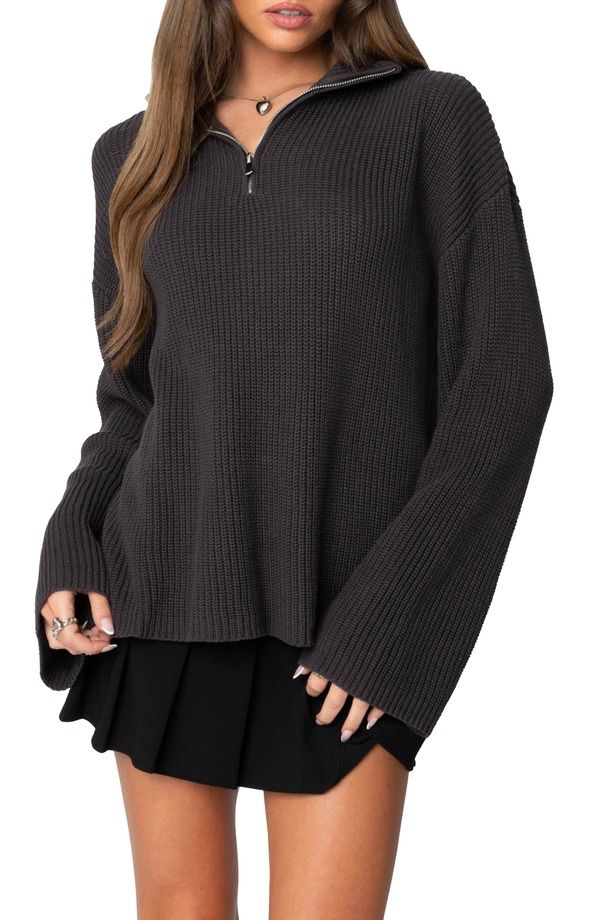 アディクテッド レディース アウター パーカー・スウェット ハイネック ハーフジップ ニット EDIKTED Amour High Neck Oversize Half Zip Knit Pullover Dark Gray グレー