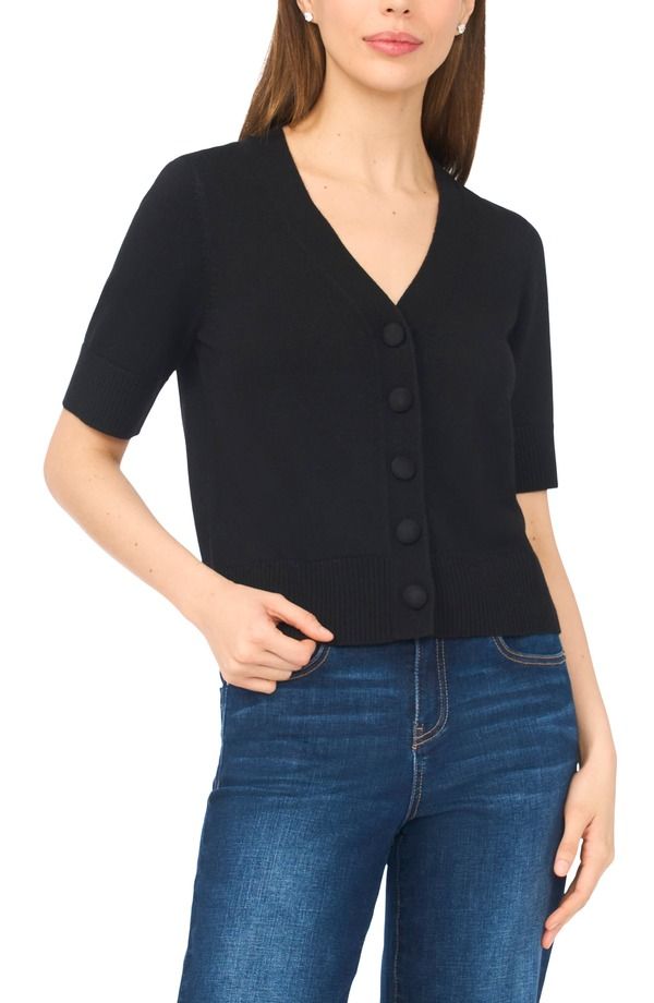 セセ レディース アウター パーカー・スウェット カーディガン CeCe Covered Button Short Sleeve Cardigan Rich Black ブラック