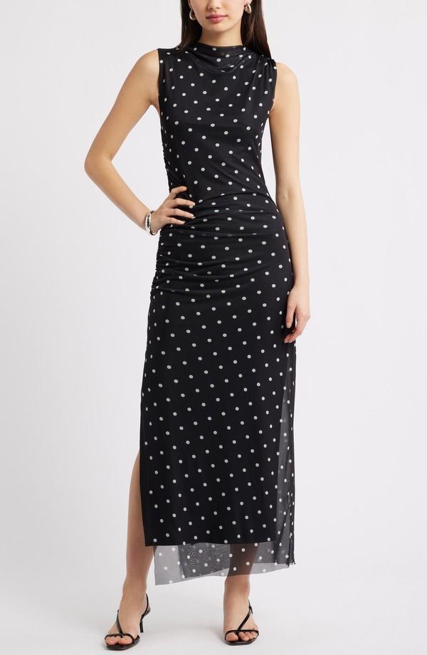 オープンエディット レディース トップス ワンピース メッシュ マキシ Open Edit Mesh BodyCon Maxi Dress Black White Still Dot ホワイト