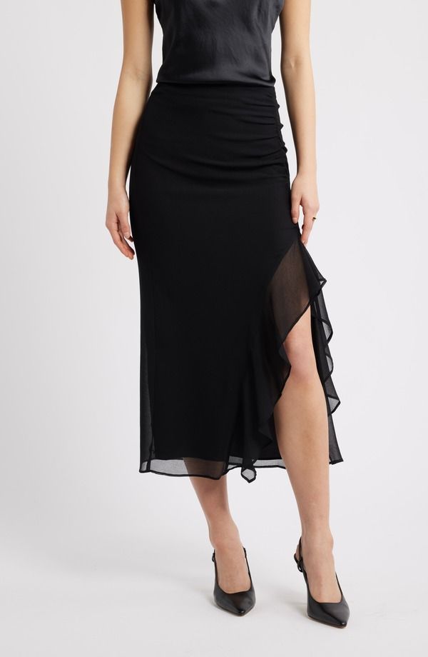 オープンエディット レディース ボトムスカート シフォン フリル ミディ Open Edit Ruffle Chiffon Midi Skirt Black ブラック