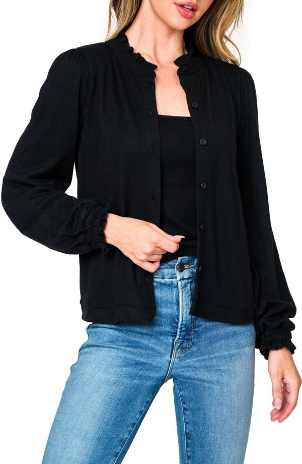 ギブソンルック レディース アウター パーカー・スウェット フリル カーディガン GIBSONLOOK Ruffle Accent Cardigan Black ブラック