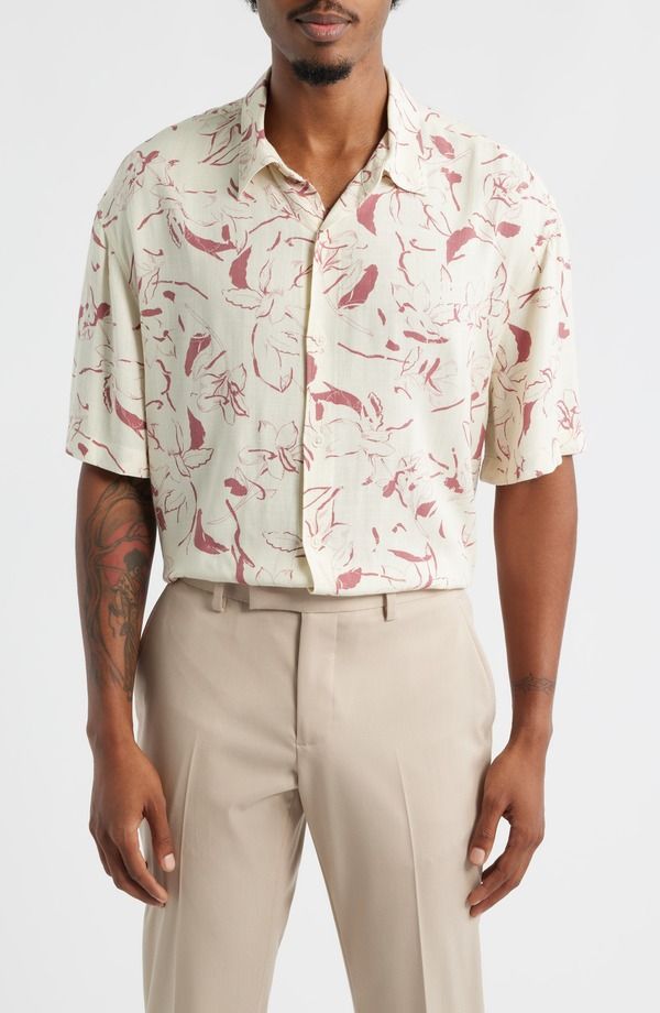 オープンエディット メンズ トップス シャツ フラワー柄 フラワー Open Edit Floral Short Sleeve ButtonUp Shirt Ivory Pink Tossed Petal アイボリー