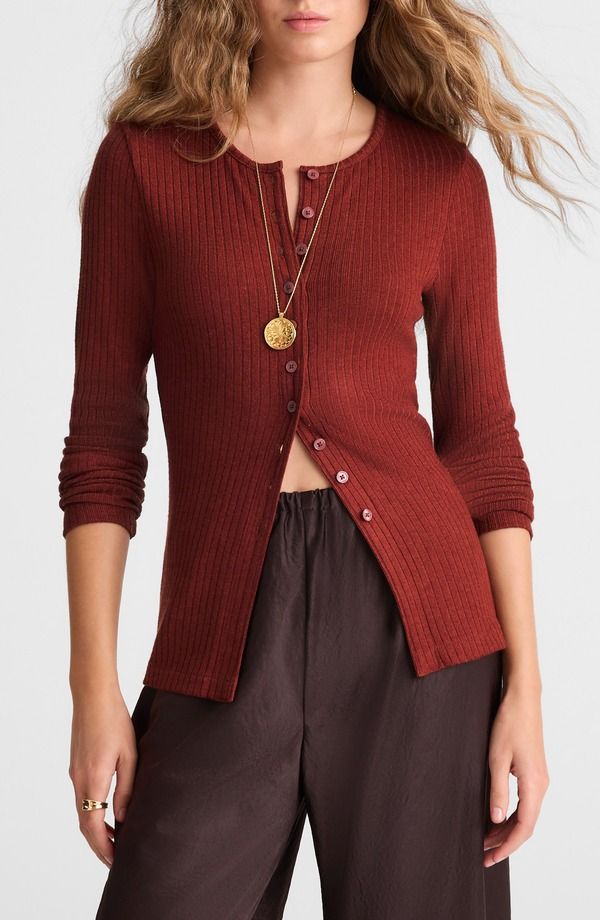 メイドウェル レディース アウター パーカー・スウェット クルーネック カーディガン Madewell Textural Cutaway Crewneck Cardigan Deep Redwood