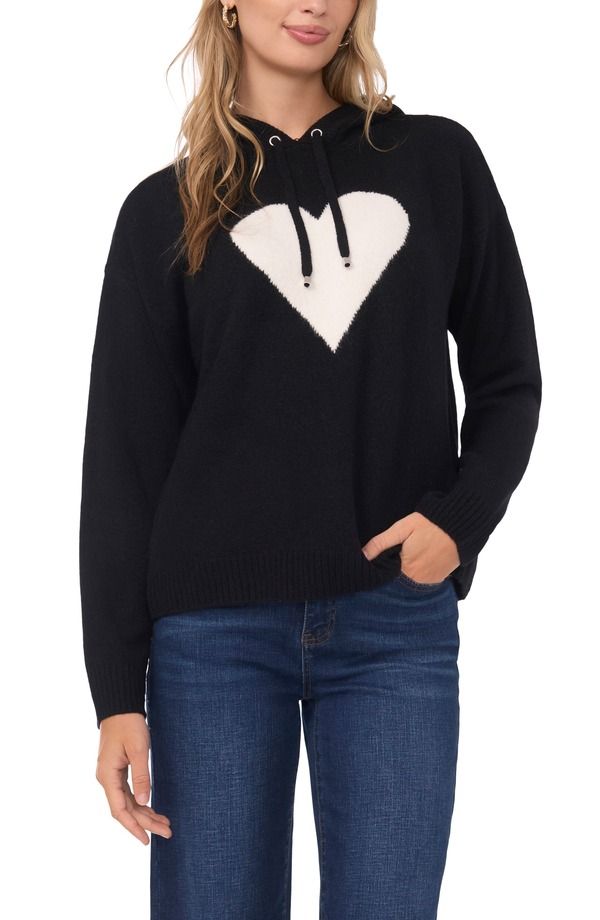 ヴィンスカムート レディース アウター パーカー・スウェット セーター Vince Camuto Intarsia Heart Sweater Hoodie Rich Black ブラック