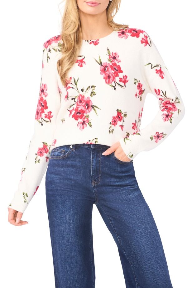 セセ レディース アウター パーカー・スウェット クルーネック フラワー柄 セーター フラワー CeCe Floralong Sleeve Crewneck Sweater New Ivory アイボリー