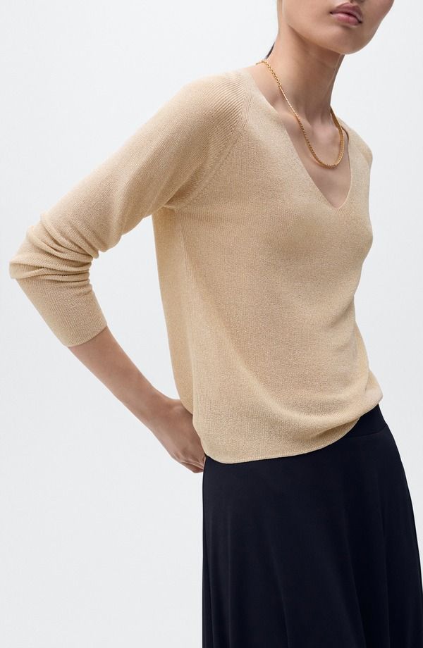 マンゴ レディース アウター パーカー・スウェット Vネック トール セーター MANGO Metallic VNeck Sweater Gold ゴールド