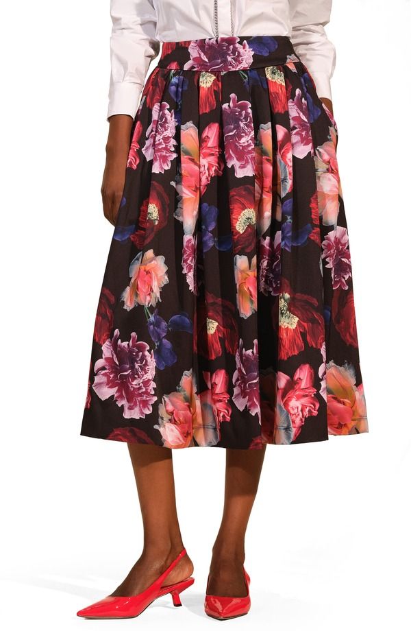 アイザック・ミズラヒ レディース ボトムスカート プリーツ ミディ サテン Isaac Mizrahi New York Pleated Satin Midi Skirt Fleur Nocturne