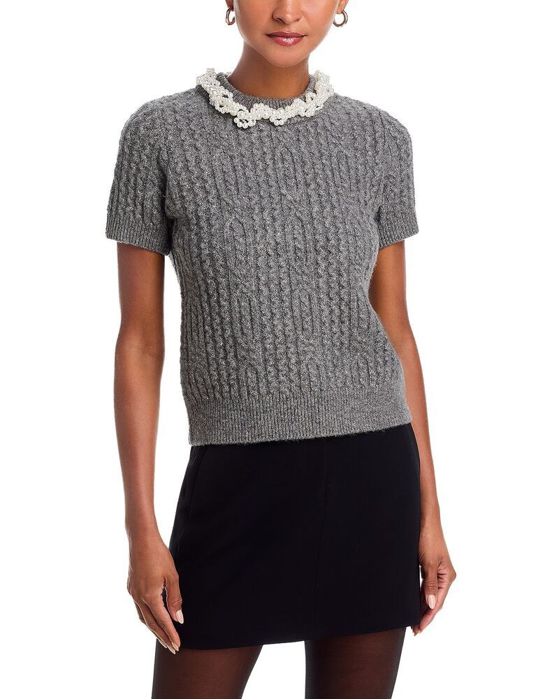 アクア レディース アウター ニット・セーター AQUA Faux Pearl Embellished Short Sleeve Sweater Exclusive Light Gray グレー
