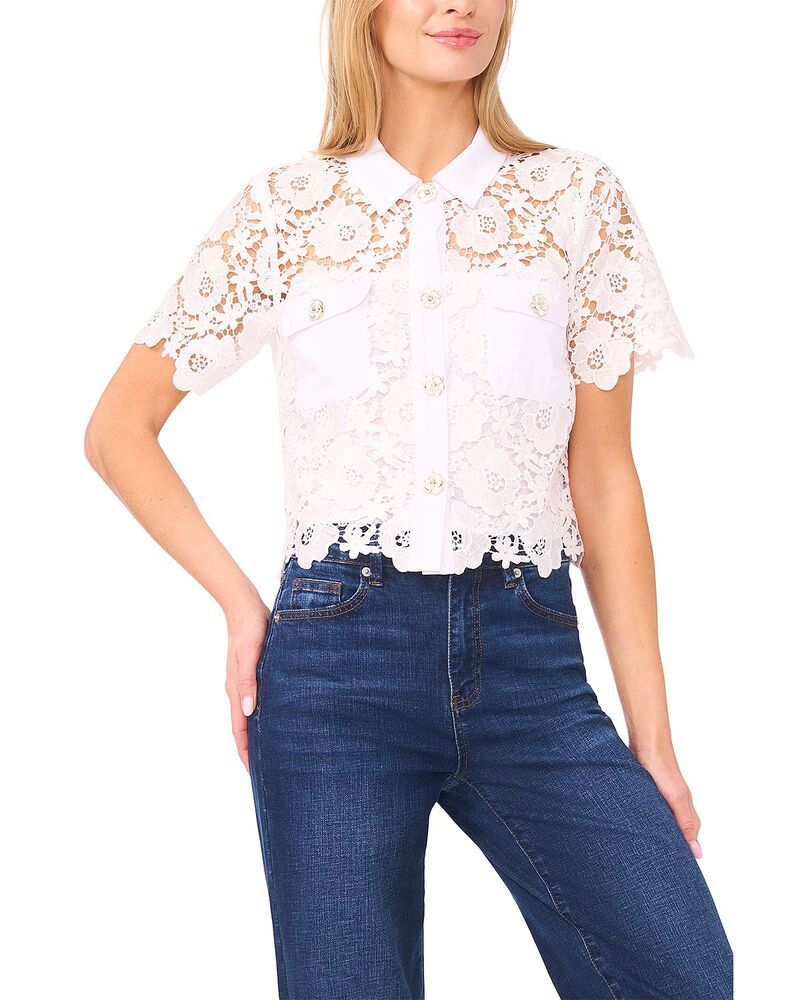 セセ レディース トップス シャツ ボタンダウン ブラウス CeCe Patch Pocket Short Sleeve Button Down Blouse Ultra White ホワイト