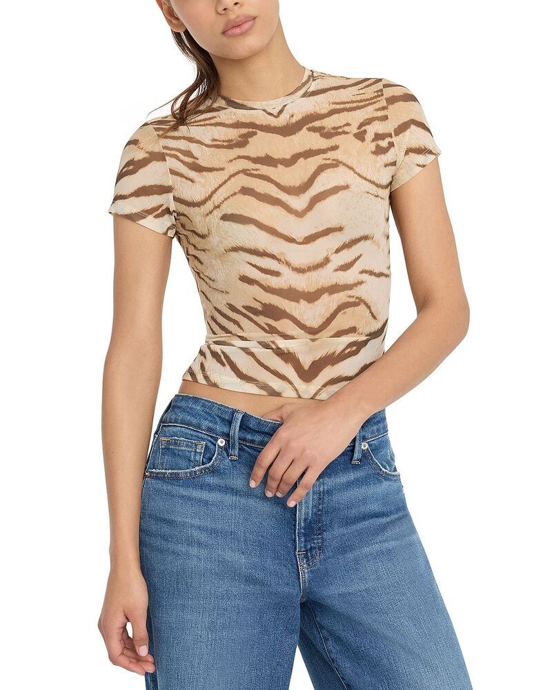 グッドアメリカン レディース トップス Tシャツ メッシュ Good American Mesh Baby Tee Brown Tiger ブラウン