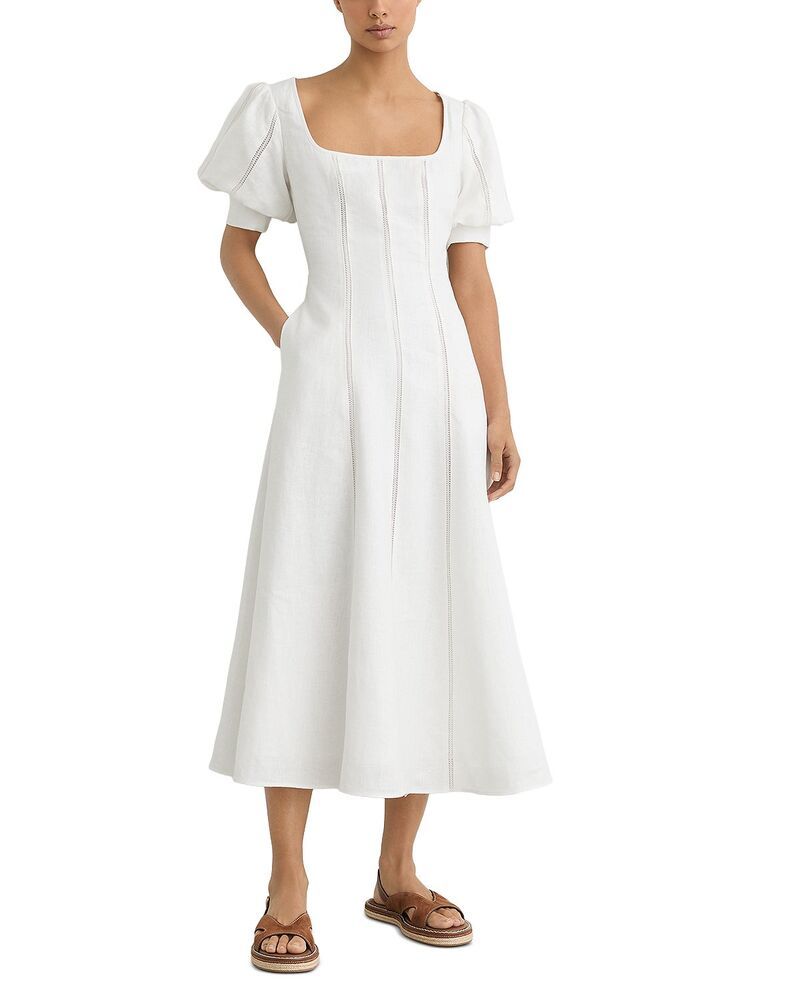 レイス レディース トップス ワンピース ミディ リネン REISS Linen Puff Sleeve Midi Dress Ivory アイボリー