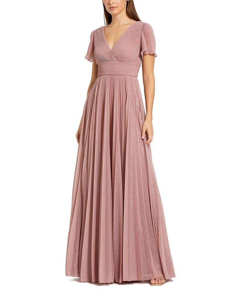 マックダガル レディース トップス ワンピース Vネック A ライン プリーツ トール Mac Duggal Pleated Metallic Flutter Sleeve VNeck ALine Gown Dusty Rose メタリック