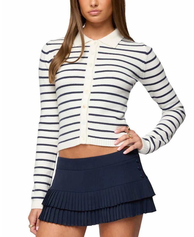 アディクテッド レディース アウター カーディガン ニット Edikted Loreen Striped Knit Cardigan CreamandNavy クリーム