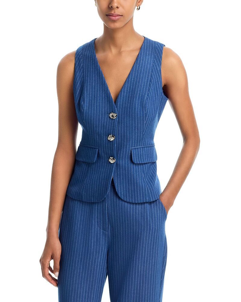 アクア レディース アウター ベスト AQUA Pinstripe Vest Exclusive ChambrayWhite ホワイト