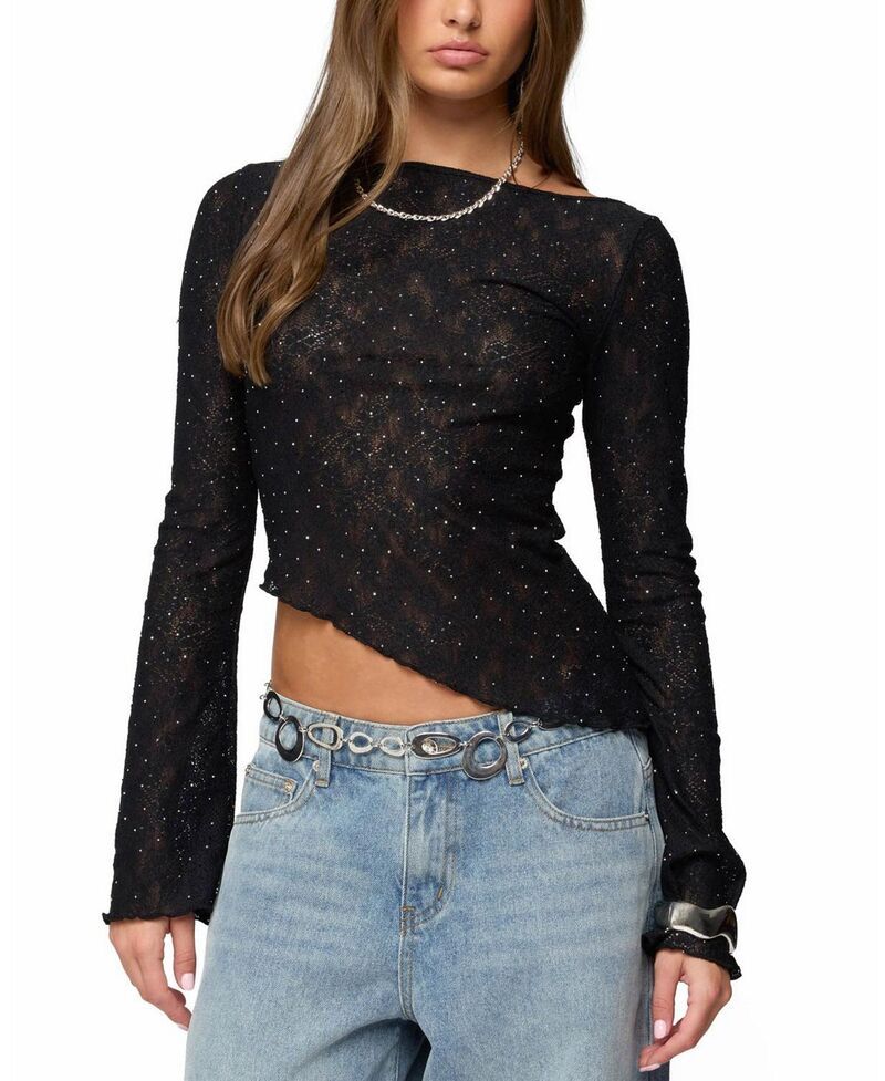 アディクテッド レディース トップス シャツ アシンメトリー シアー レース Edikted Mare Asymmetric Gem Sheer Lace Top Black ブラック