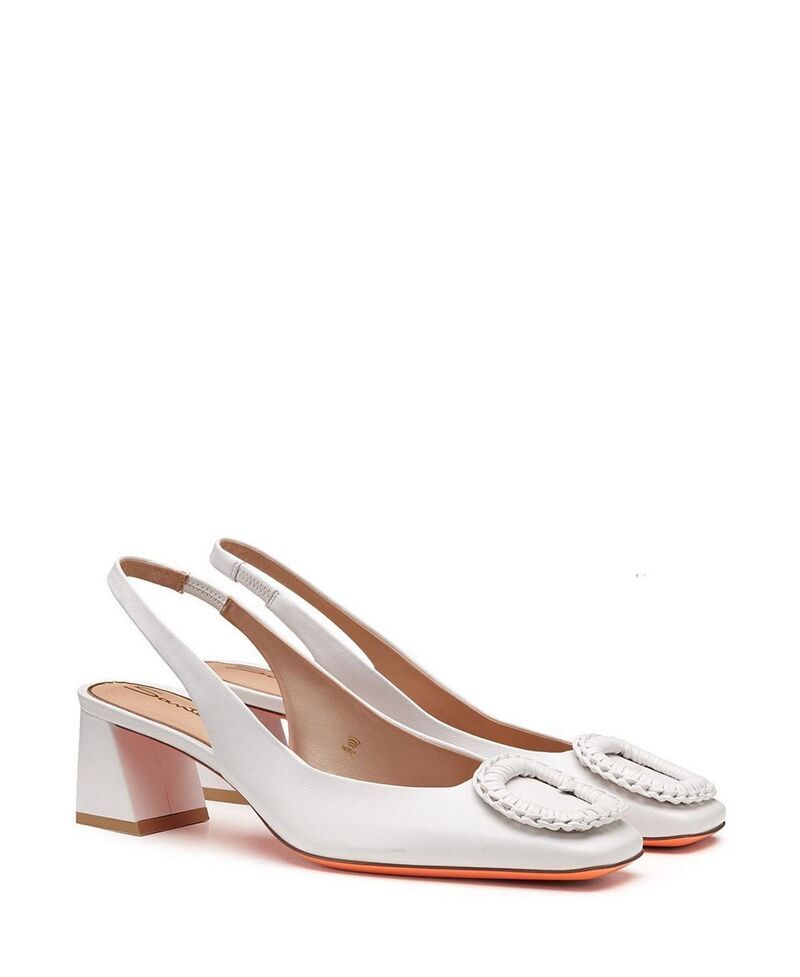 サントーニ レディース シューズ パンプス レザー ヒール Santoni Womens Leather MidHeel Slingback Pumps White ホワイト