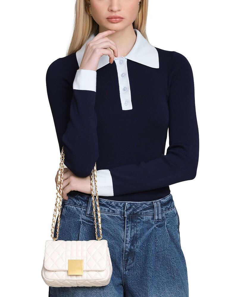 アヴェックレフィーユ レディース トップス シャツ Avec Les Filles Long Sleeve Polo Shirt Navy Colorblock ネイビー