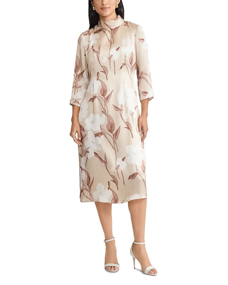 ミソック レディース トップス ワンピース フラワー柄 プリント ミディ シルク フラワー Misook Floral Print Silk Midi Dress BiscottiCharmeuseWhite ホワイト