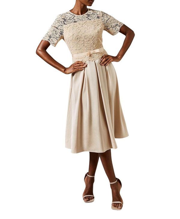 コースト レディース トップス ワンピース クレープ ミディ スカート レース Coast Lace And Crepe Full Skirted Midi Dress Champagne シャンパン