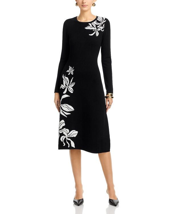 ティー・タハリ レディース トップス ワンピース Tahari Long Sleeve Round Neck Jacquardress Black White ホワイト
