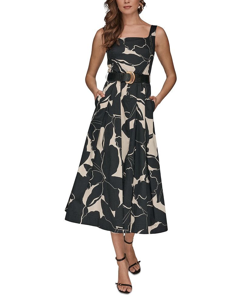 ダナキャラン レディース トップス ワンピース ミディ ノースリーブ Donna Karan Sleeveless Belted Midi Dress Balck Parchment