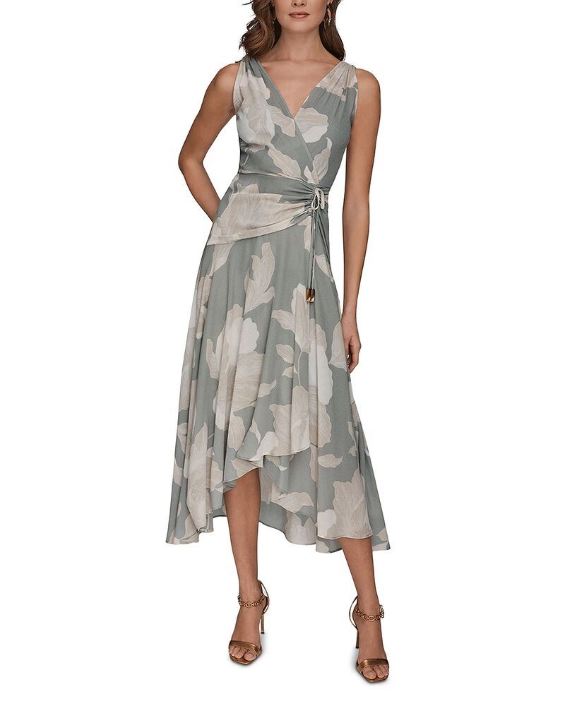 ダナキャラン レディース トップス ワンピース Vネック フラワー柄 ミディ ノースリーブ フラワー Donna Karan Sleeveless WrapEffect VNeck Floral Midi Dress Weathered Sage Cream