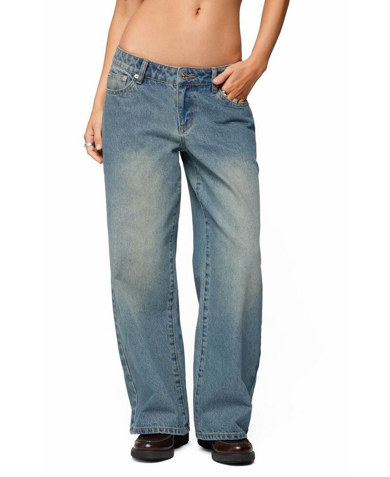 アディクテッド レディース ボトムス デニムパンツ ローライズ プチ ジーンズ Edikted Petite Magdacid Wash Low Rise Baggy Jeans Blue Washed ブルー