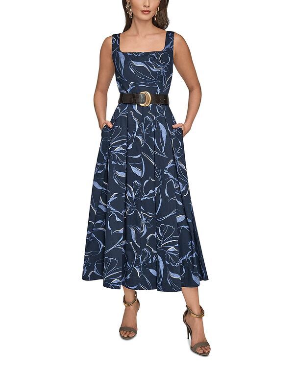 ダナキャラン レディース トップス ワンピース Donna Karan Belted Square Neck Dress Nightfall Multi マルチカラー