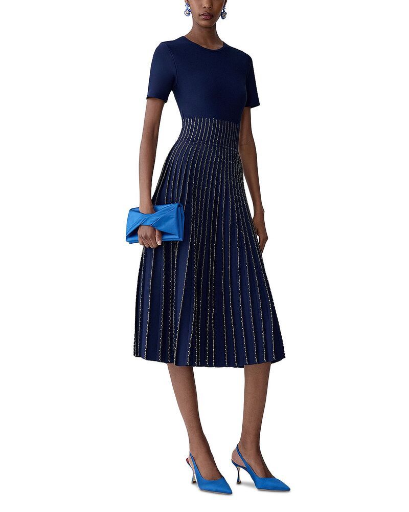 キャロライナヘレラ レディース トップス ワンピース 刺繍 Carolina Herrera Bead Embroidered Short Sleeve Dress Midnight