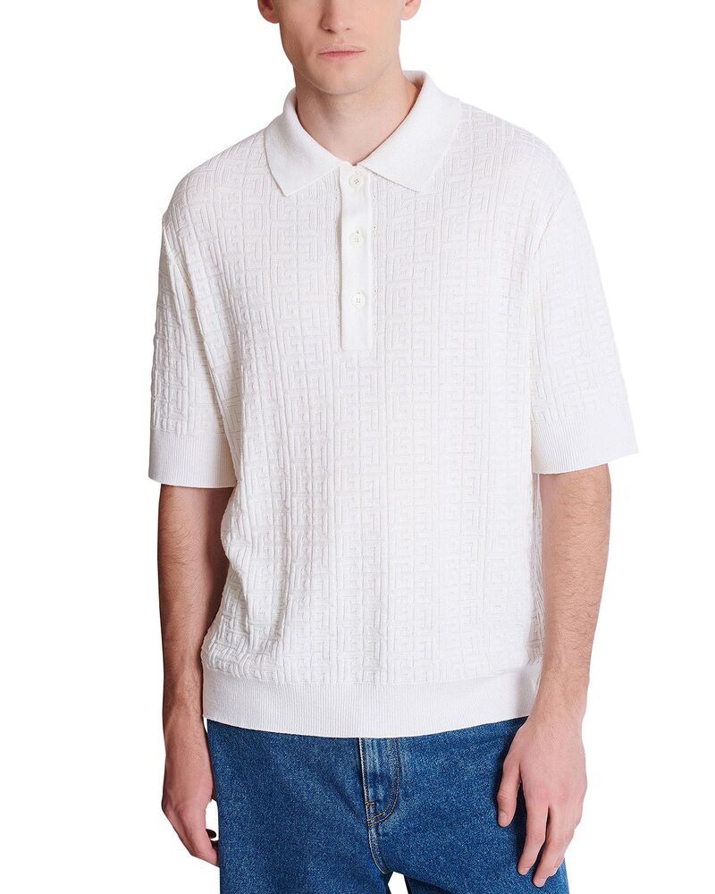 バルマン メンズ トップス ポロシャツ ウール ニット Balmain Merino Wool Blend Monogram Knit Polo Natural