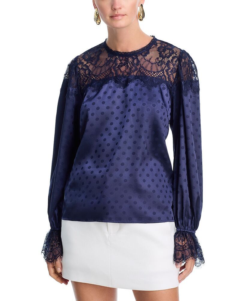 アクア レディース トップス シャツ ドット柄 ドット レース AQUA Polka Dot Lace Long Sleeve Top Exclusive Navy ネイビー
