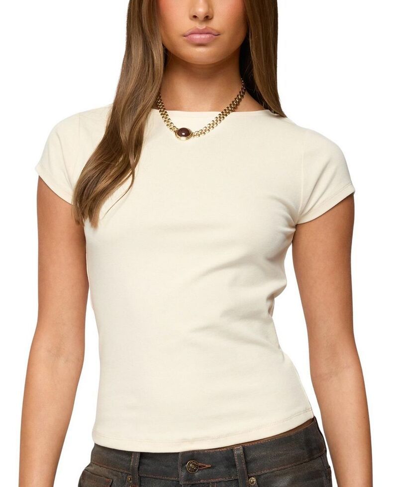 アディクテッド レディース トップス シャツ リブ Edikted Oliana Ribbed Boat Neck TShirt Cream クリーム