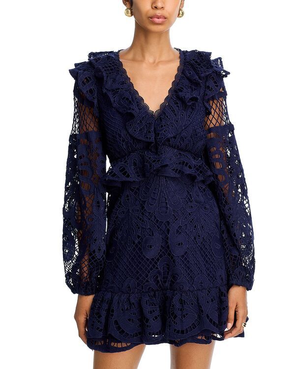 アクア レディース トップス ワンピース Vネック フリル ミニ レース AQUA Lace V Neck Long Sleeve Ruffle Mini Dress Exclusive Navy ネイビー