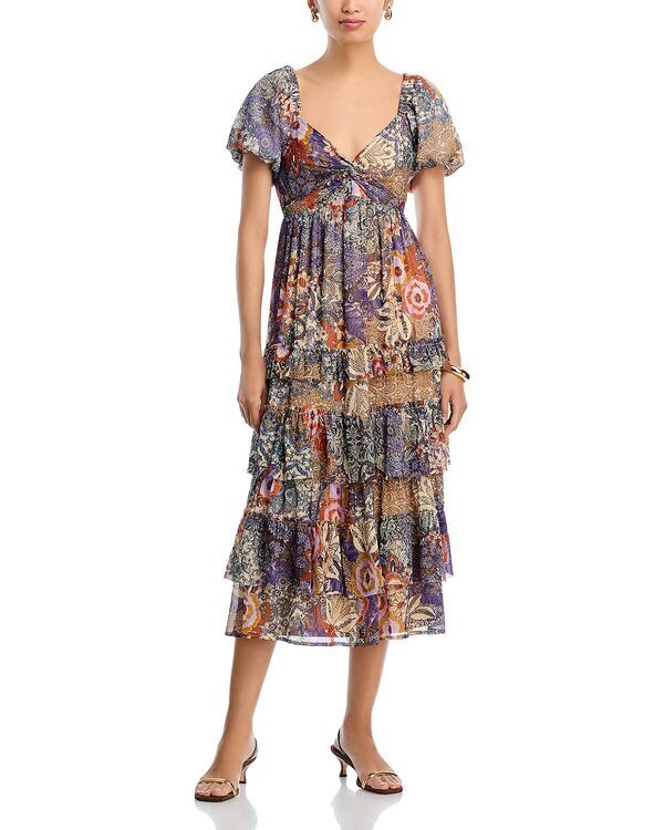 アクア レディース トップス ワンピース フラワー柄 プリント ミディ トール フラワー AQUA Metallic Floral Print Midi Boho Dress Exclusive Blue Multi ブルー