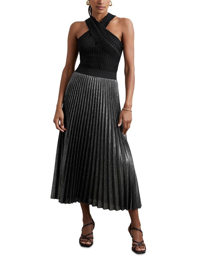 レイス レディース ボトムスカート プリーツ ミディ トール REISS Taylor Metallic Pleated Midi Skirt Charcoal Grey チャコール