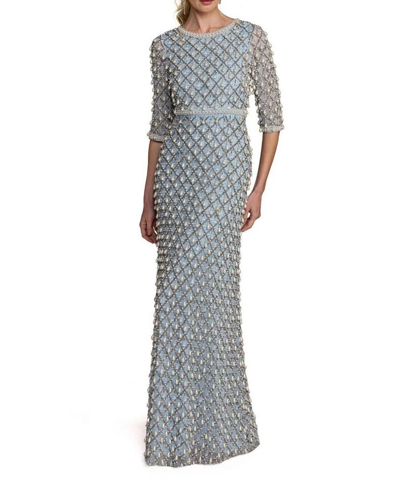 マックダガル レディース トップス ワンピース メッシュ Mac Duggal 34 Sleeve Faux Pearl Embellished Mesh Gown Vintage Blue ブルー