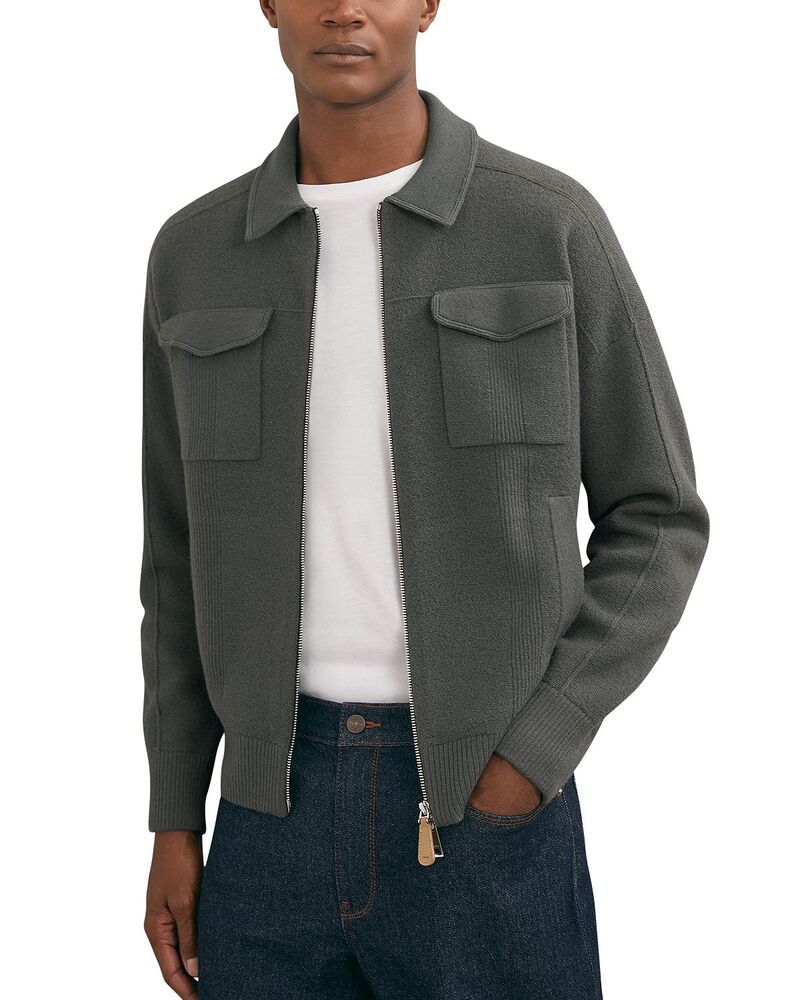 レイス メンズ アウター ジャケット・ブルゾン フルジップ REISS Calder Long Sleeve Zip Through Twin Pocket Merino Jumper Jacket Khaki Green グリーン