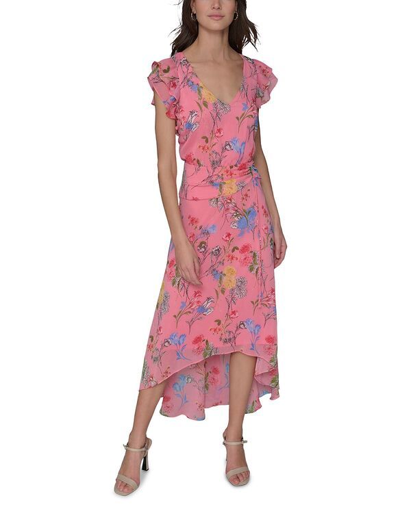 カール ラガーフェルド レディース トップス ワンピース フラワー柄 フラワー KARLAGERFELD PARIS Floral High Low Flutter Sleeve Dress Pink Sherbet Combo ピンク
